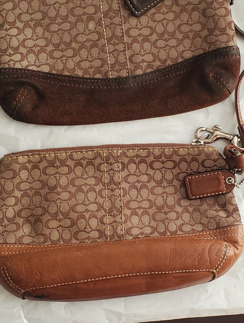 Coach Brown & Tan Signature Canvas Wristlet with Leather Trim